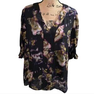 Jones new York purple and Black Floral Watercolor Puff Sleeve Shirt Plus Size 2X